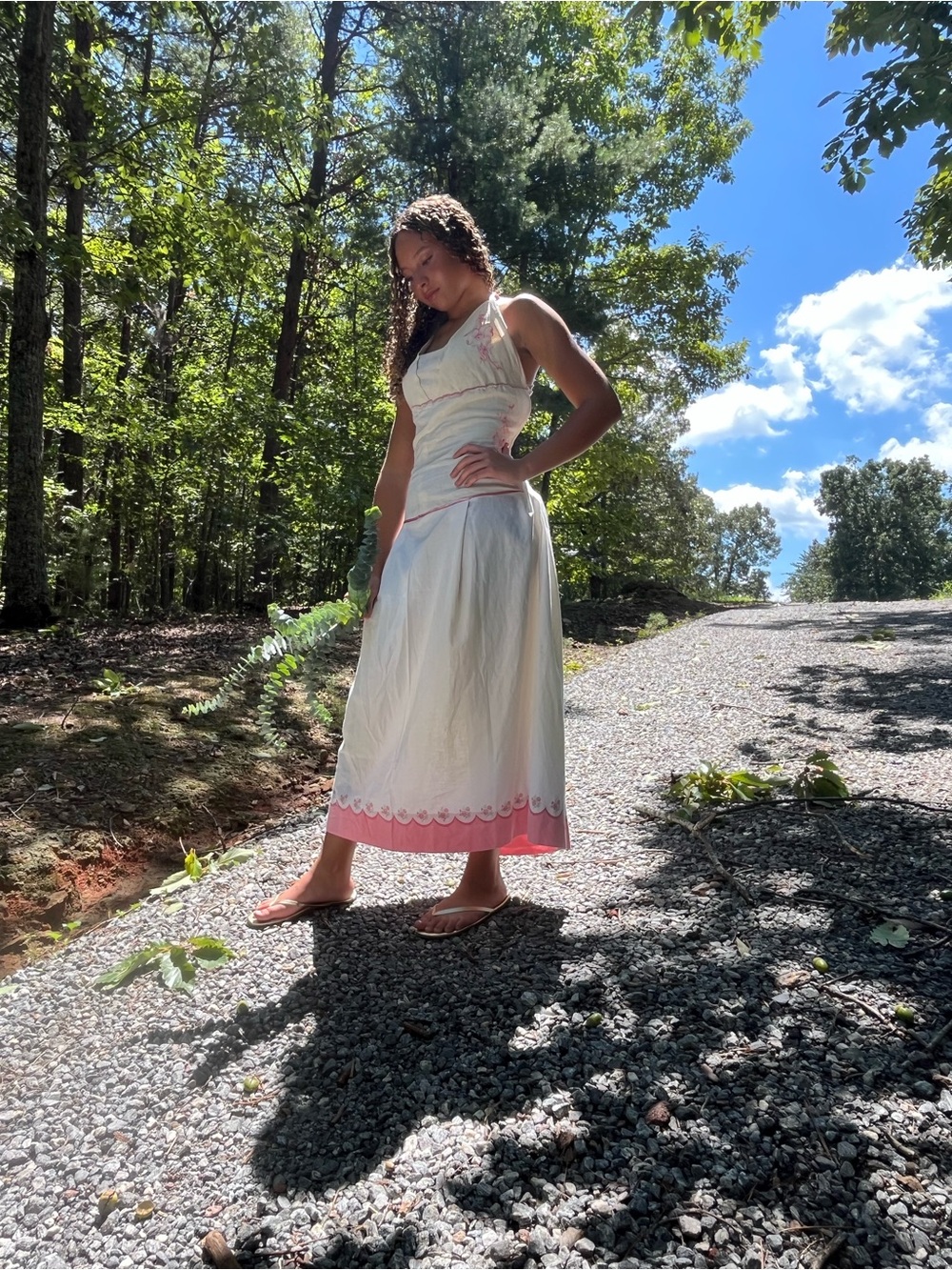 Backless hand crafted Dress with Pink Hem - repurposed linens Summer Dress